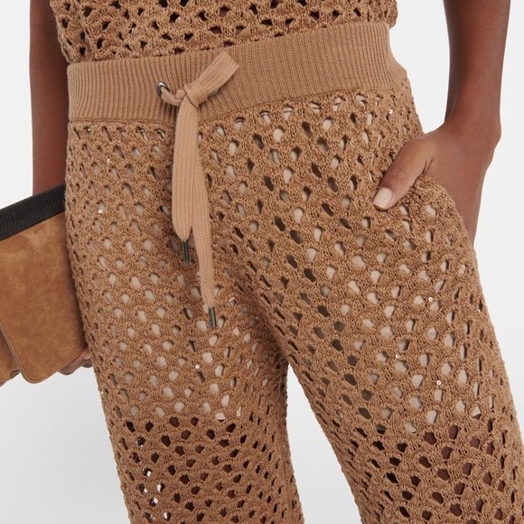 Brunello Cucinelli Open Knit Wide Leg Sequenced Trousers Pants Sz S